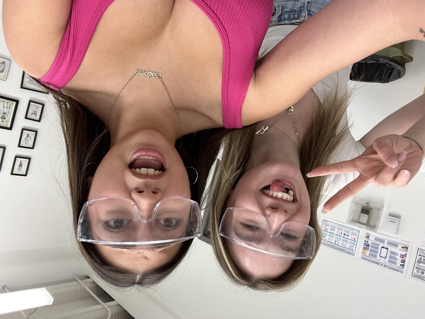 Tess and Alona being silly in safety goggles